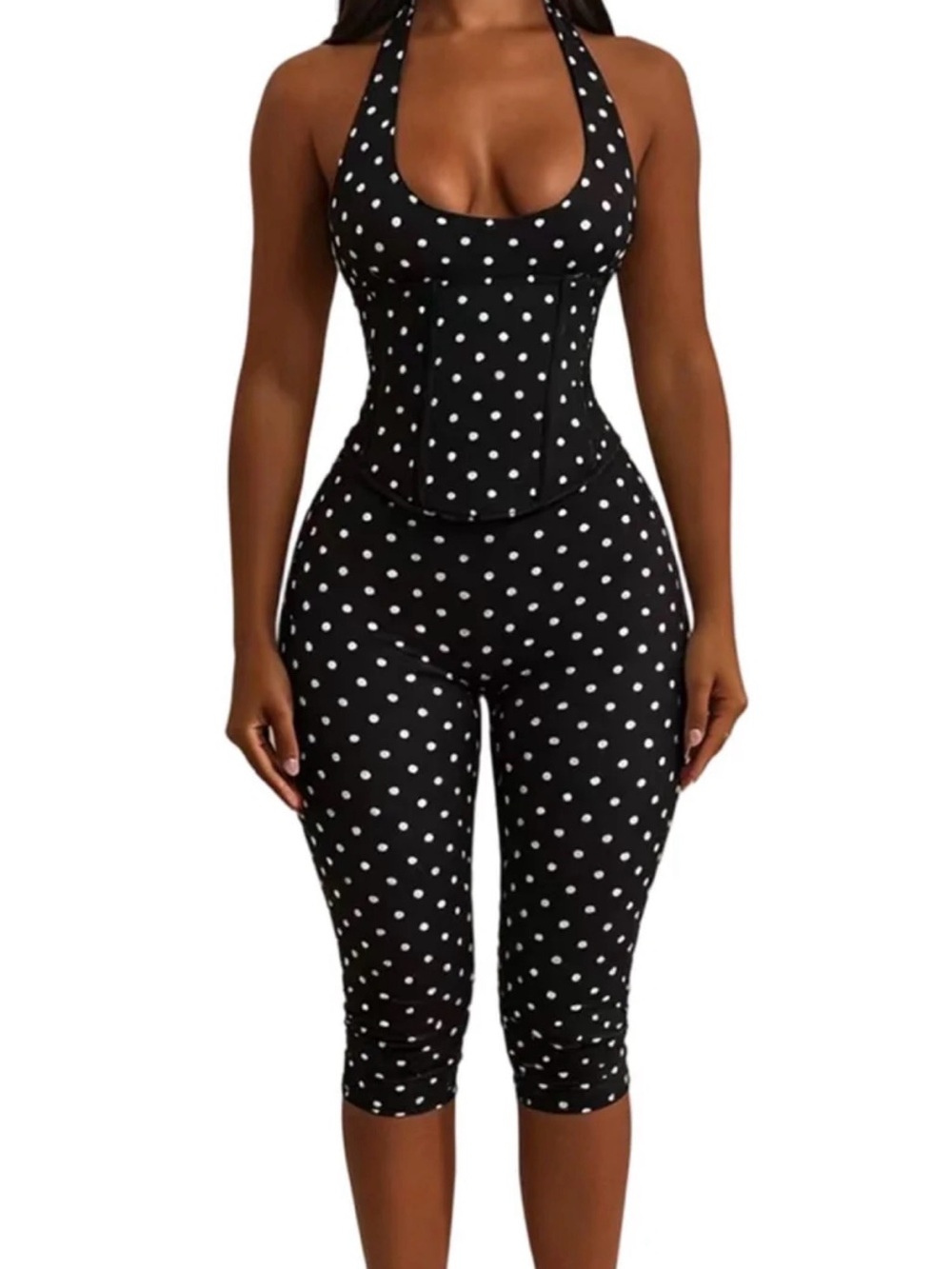Polka Dot Halter Jumpsuit Crop Pants - Black & White